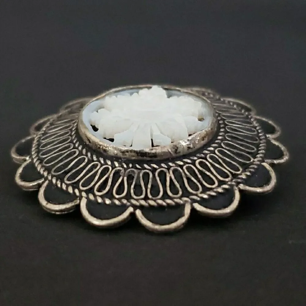 Vintage 935 Silver Jerusalem Carved Mother Of Pearl Flower Brooch Pin Pendant